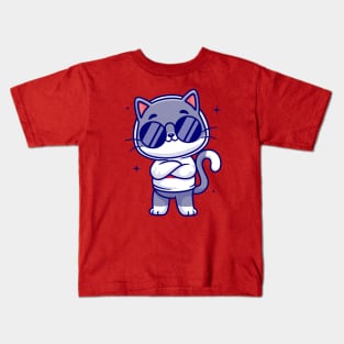 Cute Cool Cat Wearing Eyeglasses And Hoodie Cartoon Kids T-Shirt